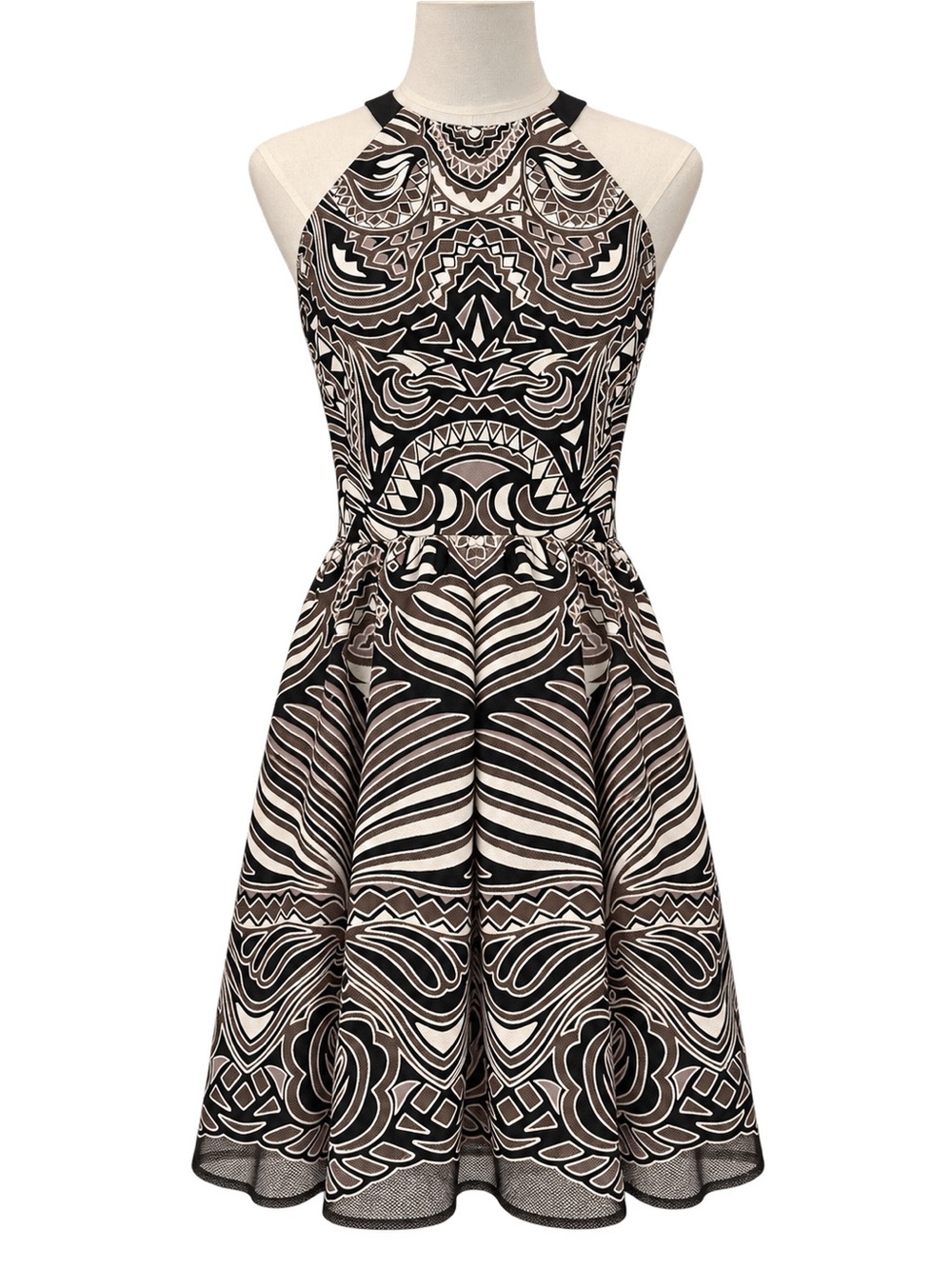 BCBGMaxAzria Halter Fit & Flare Dress Black Ivory Mesh Size 4